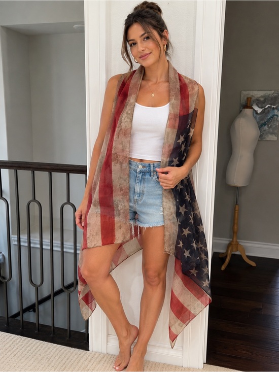 J.Nna Tops - J.NNA Distressed American Flag Patriotic Sleeveless Kimono NWT